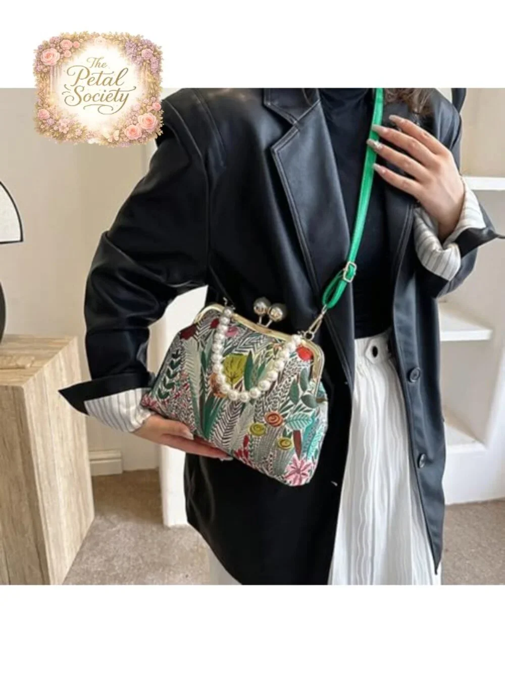 Vintage Embroidered Flower Crossbody Bag with Pearl Chain & Kiss Lock Clutch